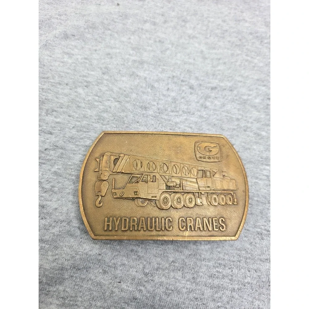 Vintage 1970s Solid Brass Grove Hydraulic Cranes Heavy Belt Buckle Mens USA